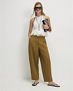 Khaki Drapey Barrel Leg Trousers