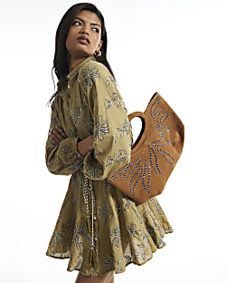 Green Cotton Floral Embroidered Shirt Dress