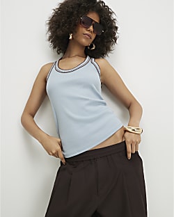 Blue Cotton Blend Whipstitch Tank Top