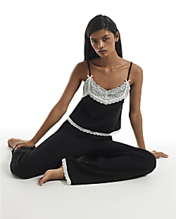 Black Cotton Blend Lace Trim Cami Pyjama Set