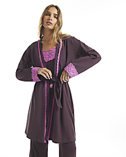 Burgundy Cotton Blend Lace Trim Robe
