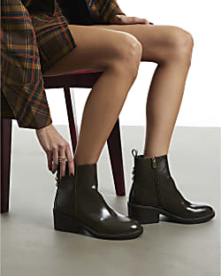 Brown Faux Leather Block Heel Ankle Boots