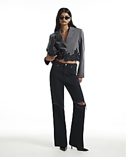 Grey Lace Trim Crop Blazer