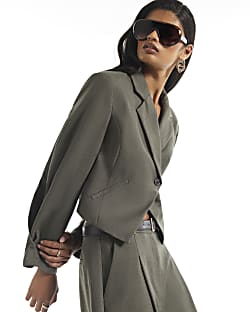 Khaki Pleated Cuff Crop Blazer