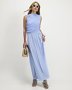 Blue Sleeveless Drape Maxi Dress