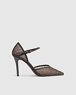 Brown Diamante Mesh Court Heels