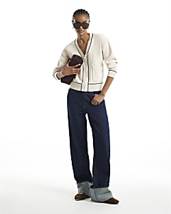 Cream Long Sleeve Tipped Cardigan