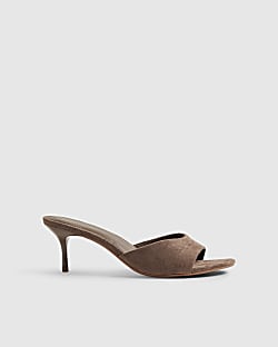 Beige Faux Suede Mule Heeled Sandals