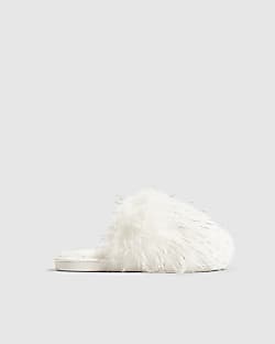 White Faux Fur Fluffy Mule Slippers