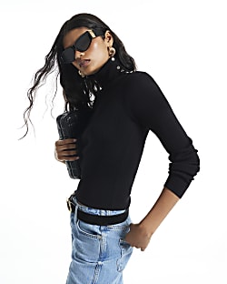Black Rib Knit Roll Neck Top