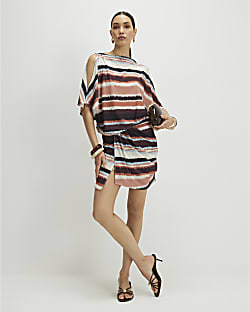 Brown Stripe Cold Shoulder Mini Dress