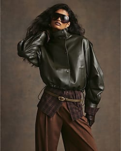 Green Funnel Neck Ruched Sleeve Bomber Jacket