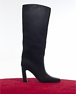 Black Faux Suede Block Heel Knee High Boots