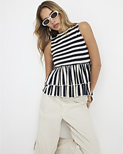 Navy Stripe Textured Peplum Top