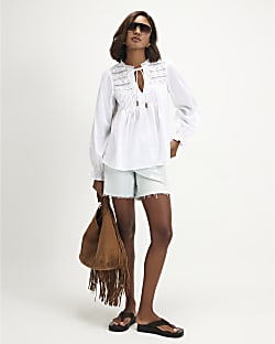 White Cotton Lace Yoke Pintuck Blouse