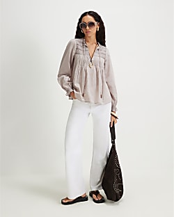 Grey Long Sleeve Lace Yoke Blouse