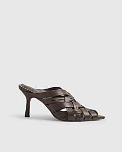 Brown Weave Heeled Mule Sandals