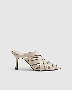 Cream Woven Heeled Mule Sandals