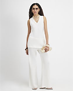 Cream Knit Wide Leg Trousers