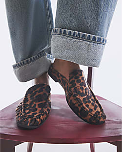 Brown Leopard Print Backless Ruched Loafers