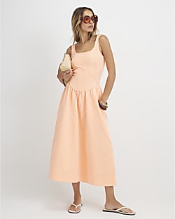 Orange Cotton Blend Texture Stripe Midi Dress