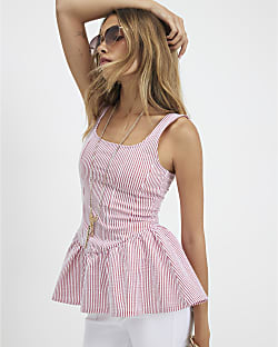 Red Cotton Blend Stripe Textured Peplum Top