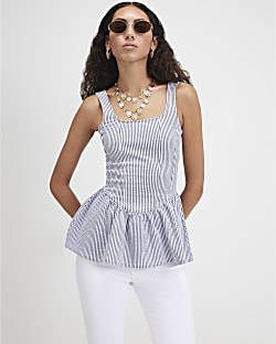 Blue Cotton Blend Stripe Textured Peplum Top