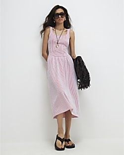 Red Cotton Blend Textured Stripe Midi Dress