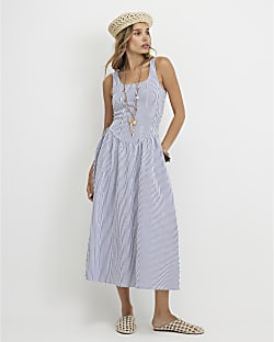 Blue Cotton Blend Textured Stripe Midi Dress