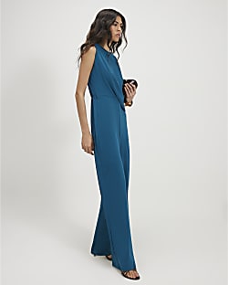 Blue Sleeveless Draped Jumpsuit