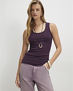 Purple Cotton Blend Scoop Neck Vest Top