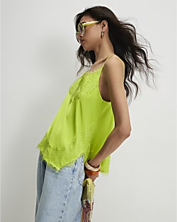 Green Satin Lace Trim Cami Top