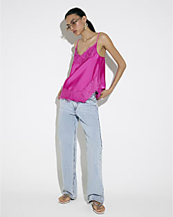 Pink Satin Lace Trim Cami