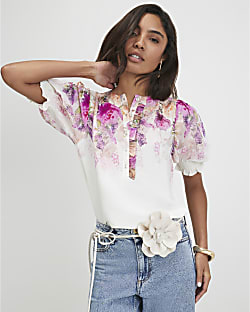 Pink Floral Short Sleeve Blouse