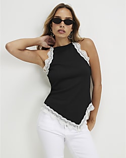 Black Lace Trim Textured Halter Neck Top