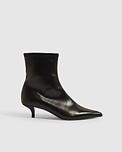 Black Faux Leather Kitten Heel Ankle Boots