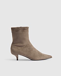 Beige Faux Suede Kitten Heel Sock Ankle Boots