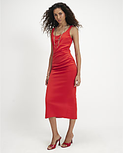 Orange Scoop Neck Midi Dress