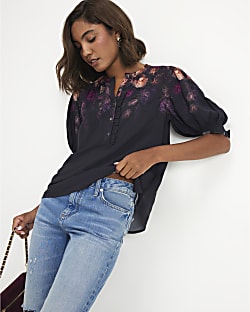 Black Floral Short Sleeve Blouse