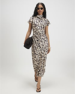 Beige Satin Leopard Print Maxi Dress