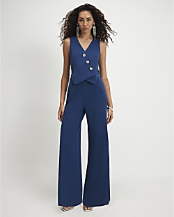 Blue Embellished Button Waistcoat Jumpsuit