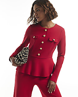 Red Button Down Ponte Peplum Top