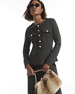 Green Button Down Ponte Peplum Top