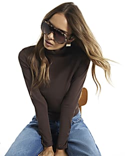 Brown Funnel Neck Top