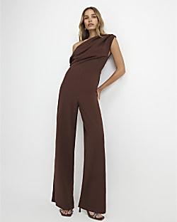 Brown Short Sleeve Asymmetric Drape Jumpsuit