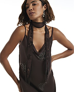 Brown Embellished Skinny Scarf