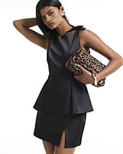 Black Satin Boat Neck Bow Top