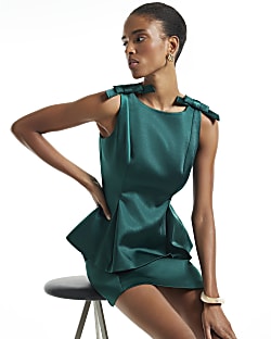 Green Satin Boat Neck Bow Top