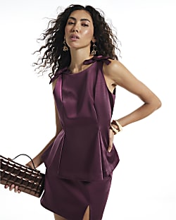 Purple Satin Boat Neck Bow Top