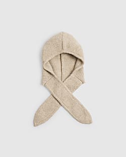 Beige Hooded Triangle Knitted Scarf